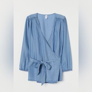 & Denim for H&M Chambray Lyocell Wrapover Blouse Lightweight Denim Size 2